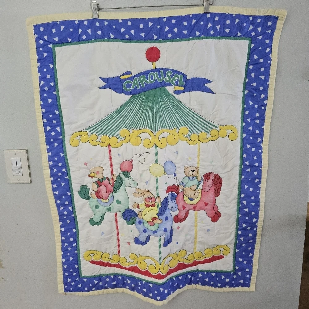 Carousel Baby Blanket 41.5”x32.5” Circus Fair Bunny Bear Duck Quilted